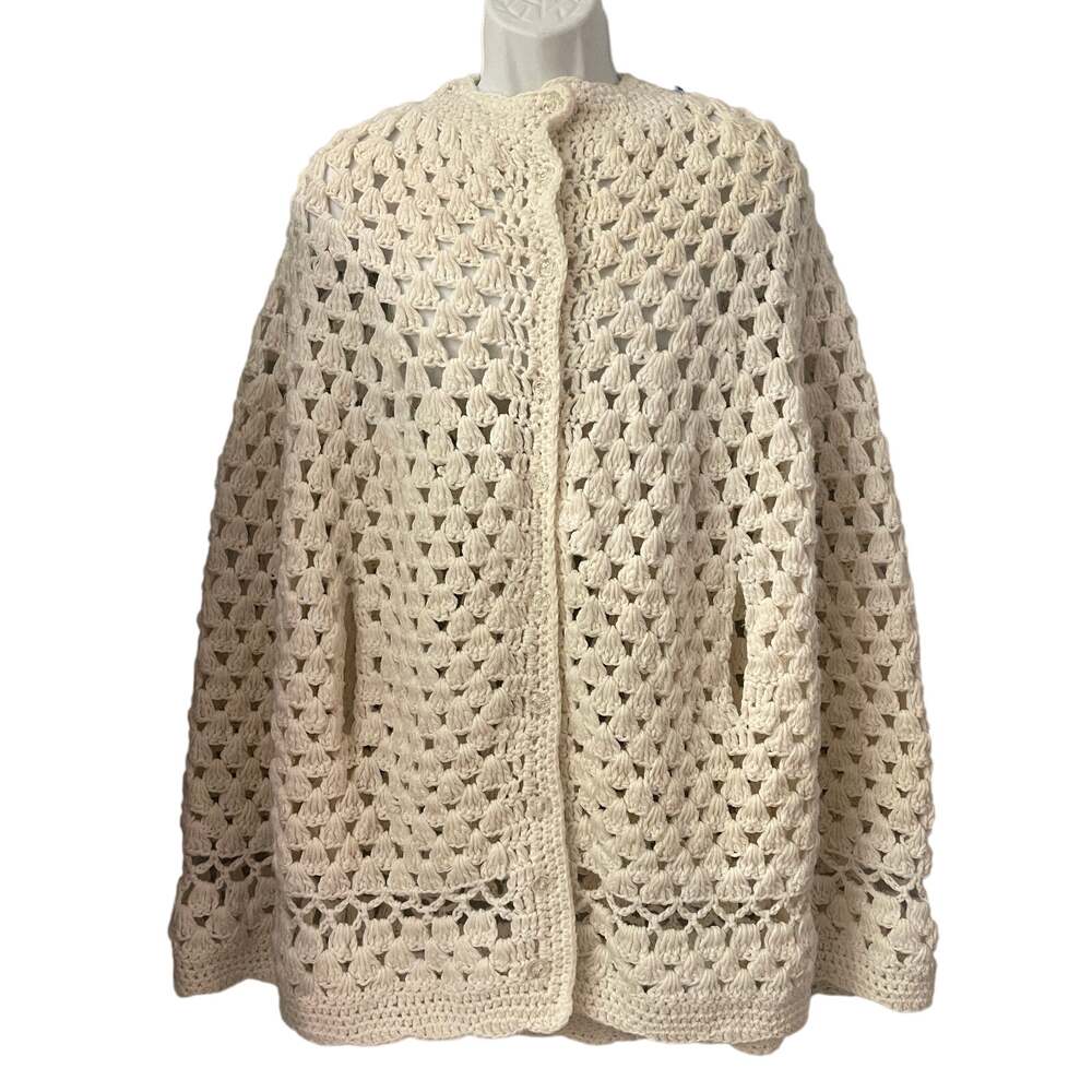 VINTAGE 70s Hand Crocheted White Button Front Poncho with Hand Slits